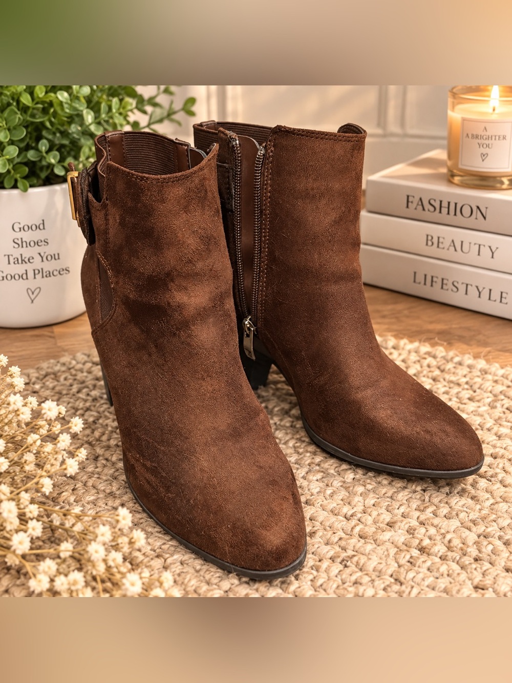 Women's Brown Suede Ankle Booties with Side Zip size 6.5 perfect for fall